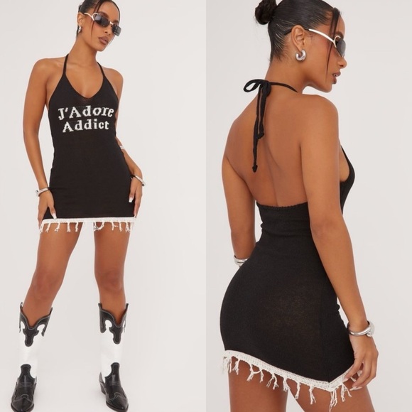 REVOLVE Dresses & Skirts - 'J'ADORE ADDICT' WHITE CONTRAST DETAIL TASSEL HEM KNITTED MINI DRESS IN BLACK